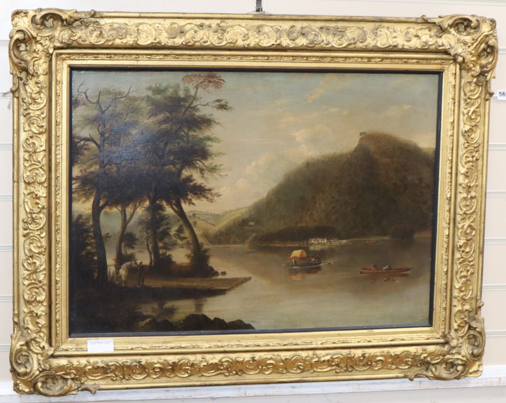 Copley Fielding, oil on canvas, Landscape with traveller awaiting a ferry, signed and dated 18.., 52 x 74cm